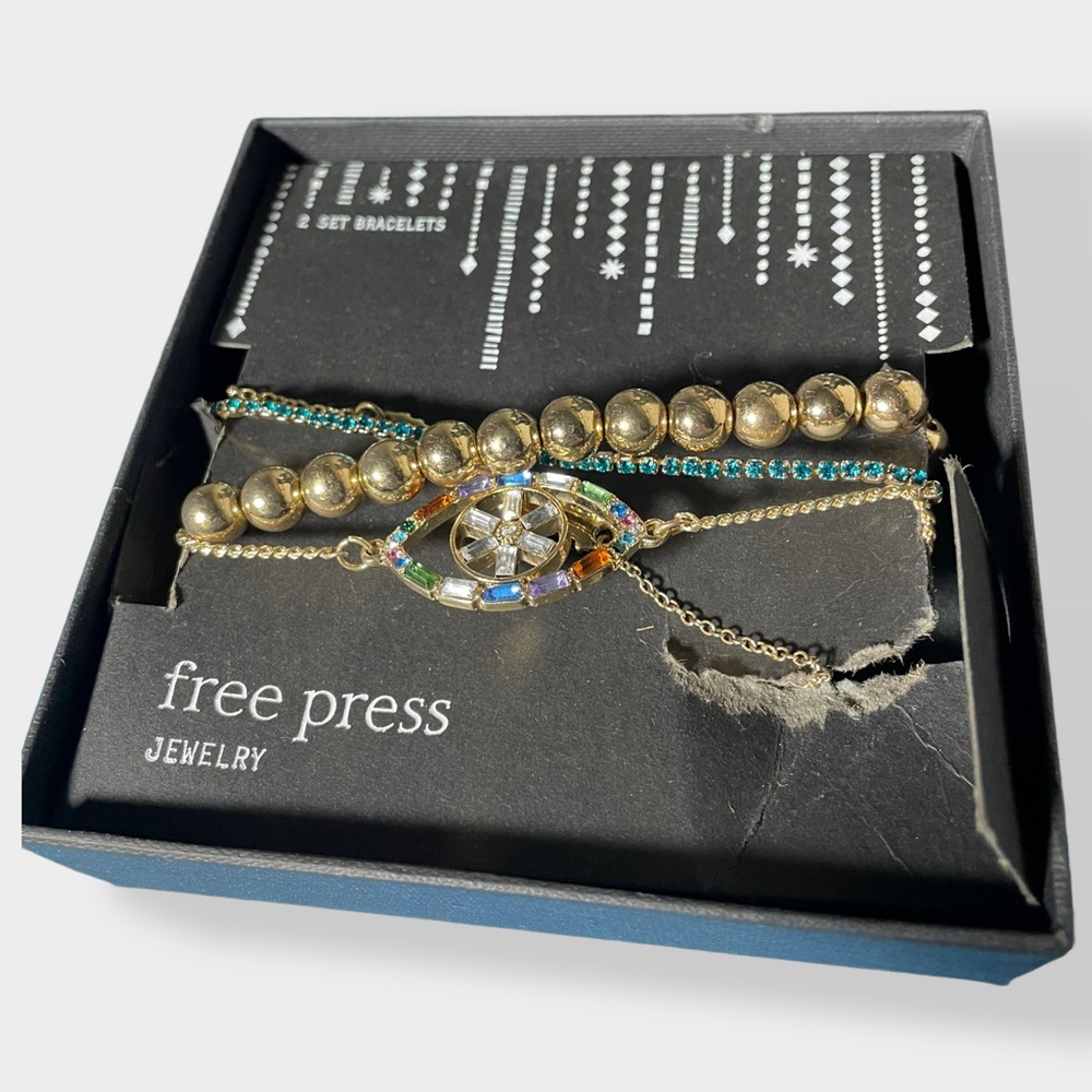Free Press 2 set bracelets rainbow pride eye gold blue‎ zirconia